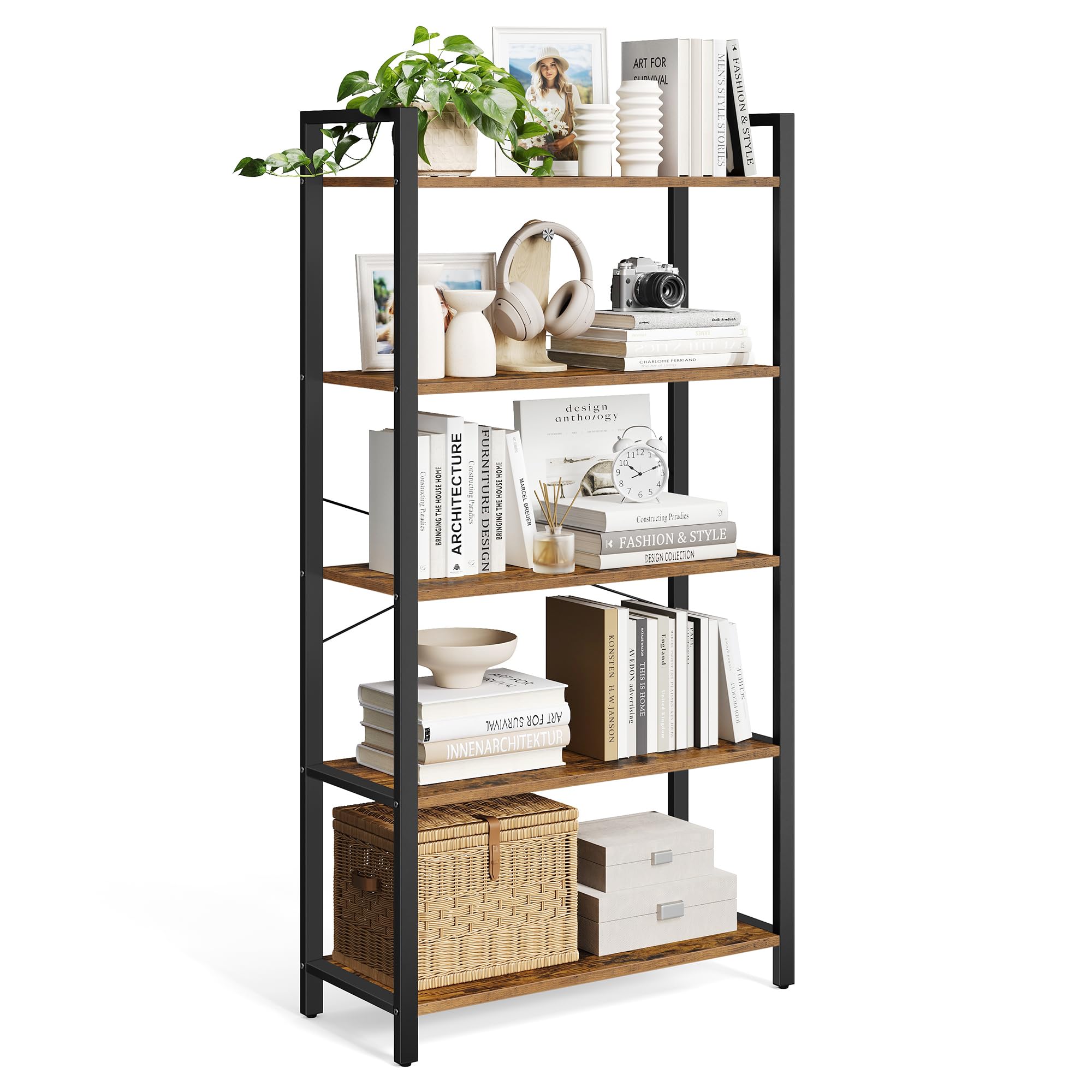 VASAGLE 5-Tier Bookshelf, Bookcase, Shelving Unit, for Office, Study, Living Room, Bedroom, 30 x 80 x 153 cm, Industrial, Rustic Brown and Ink Black LLS081B01
