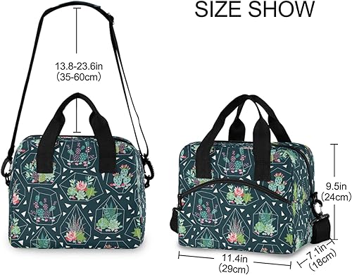 Vista 3 de Bolsa de almuerzo geométrica de cactus y flores suculentas, bolsa de almuerzo reutilizable, bolsa térmica térmica térmica con correa de hombro