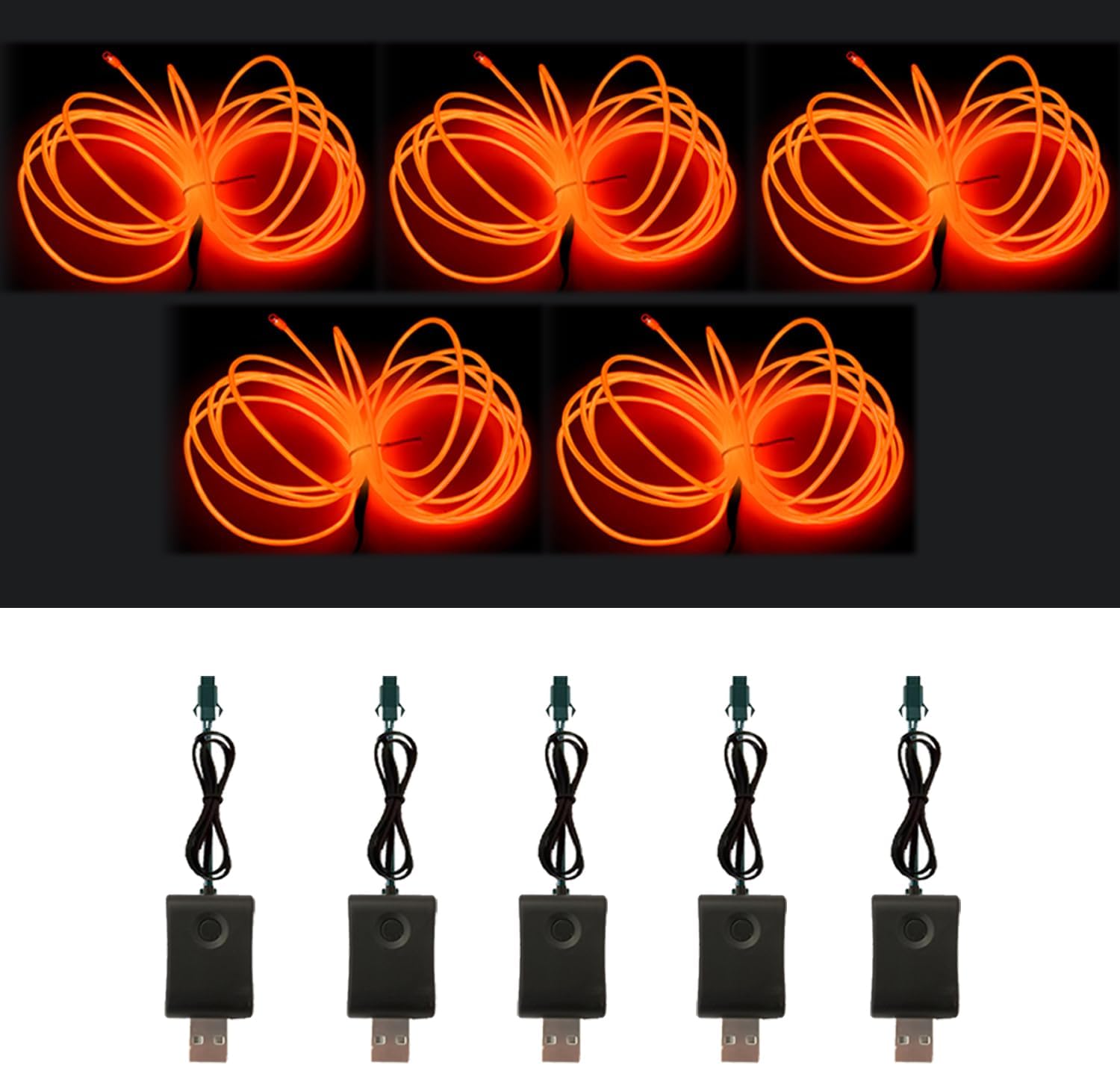 EL Wire 5 Colors, 9ft neon Wire 5 Pack with USB Driver.Perfect for Haunted House Decor, EDM Costume Lighting,Stage Backdrop setups and Halloween Decorations DIY Costume. (Orange)