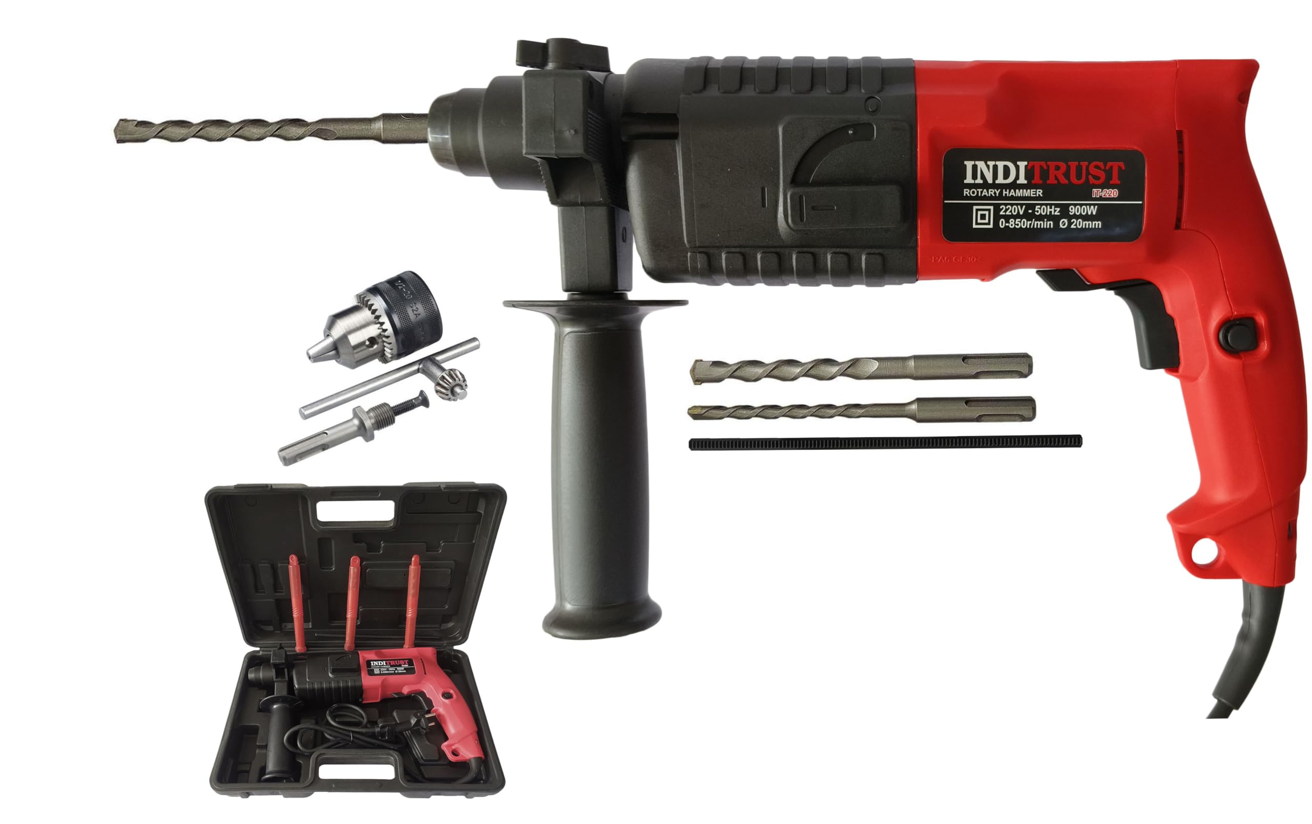Inditrust 6-Month Warranty 900W Rotary hammer drill machine 20mm Left/Right Rotation, 3pc Bit with 13mm Drill Chuck key Adaptor set (RED) 100% Copper Winding (B0CXF2HL3K) Amazon Price History, Amazon Price Tracker