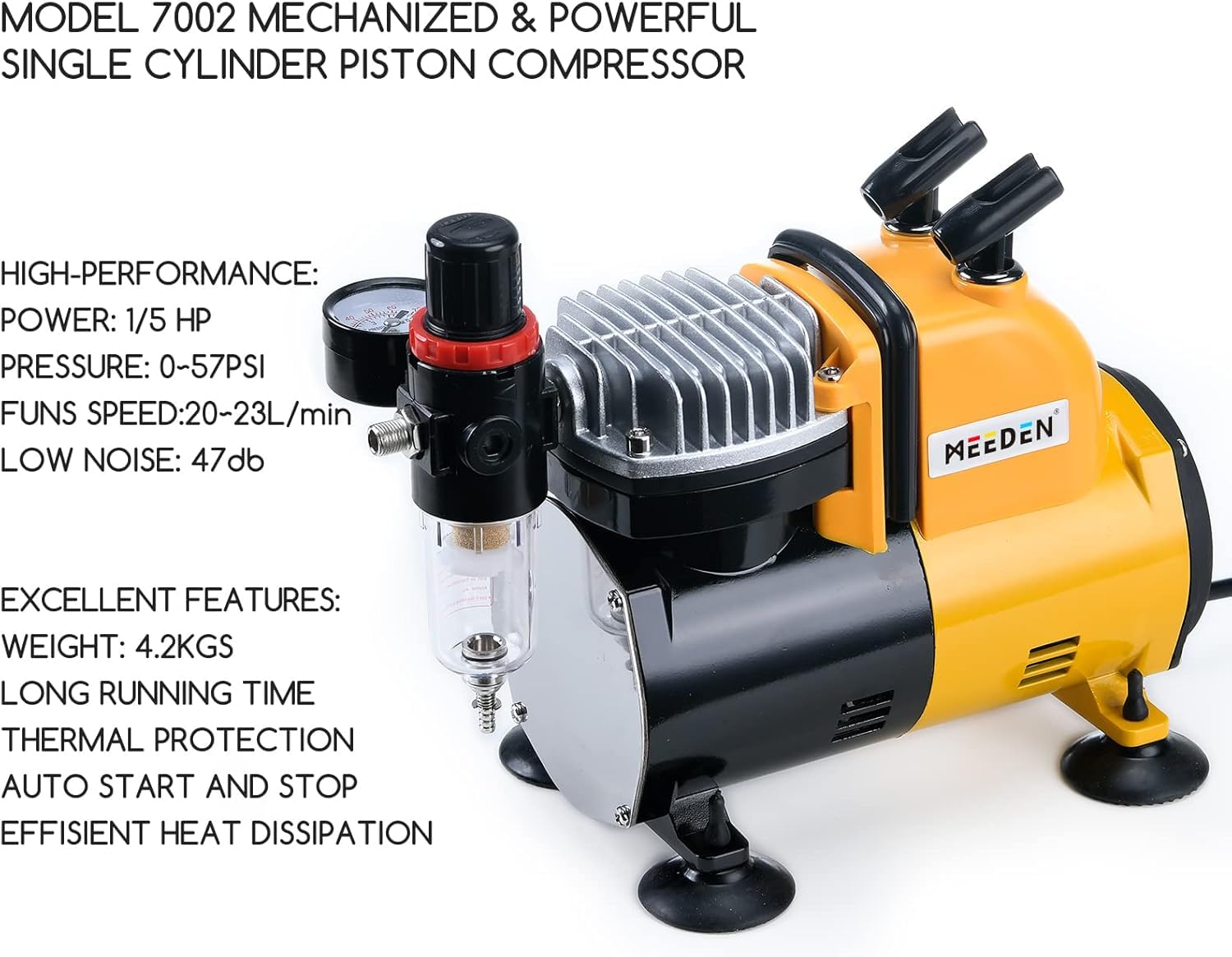 MEEDEN Compressore per Aerografo, Compressore a pistone singolo da 1/5 HP con Auto Stop protetto ermeticamente, bassa rumorosità di funzionamento, regolatore da 47 dB da 1/8 per modellismo