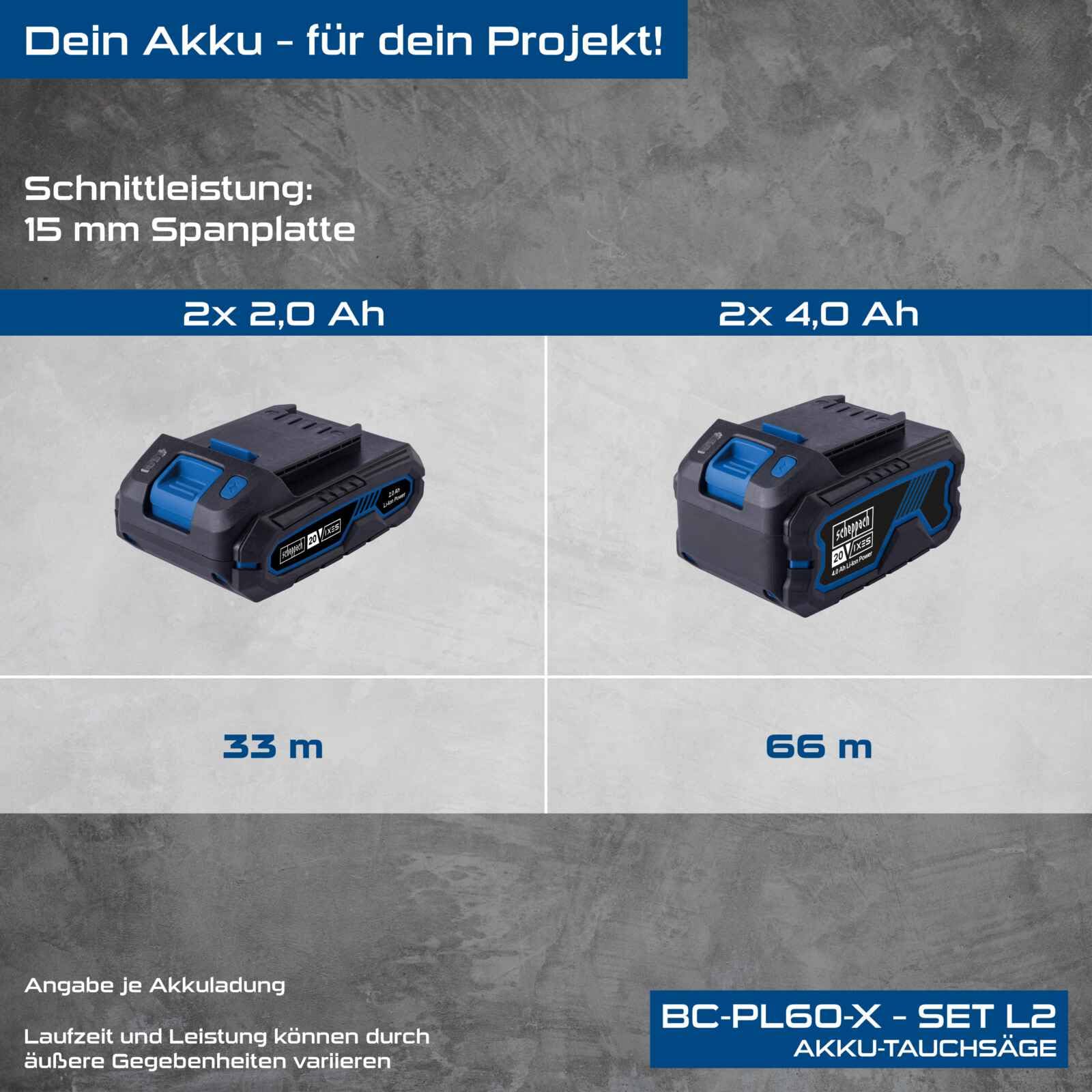 Scheppach Sega circolare a immersione a batteria BC-PL60-X con 2 guide da 700 mm e accessori, profondità di taglio 61 mm, inclinazione 0°-48°, serie 20 V-IXES, con 2 batterie da 4 Ah e doppio