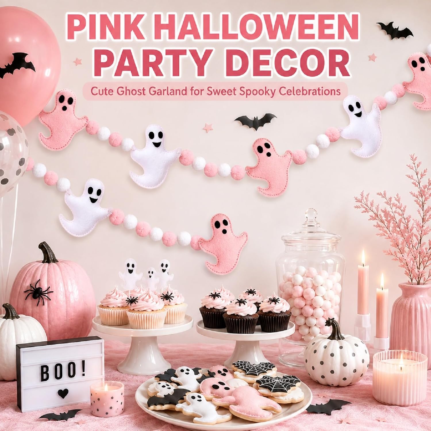 8.2 Ft Pink Halloween Garland, Cute Felt Ghost Mantel Decor for Home