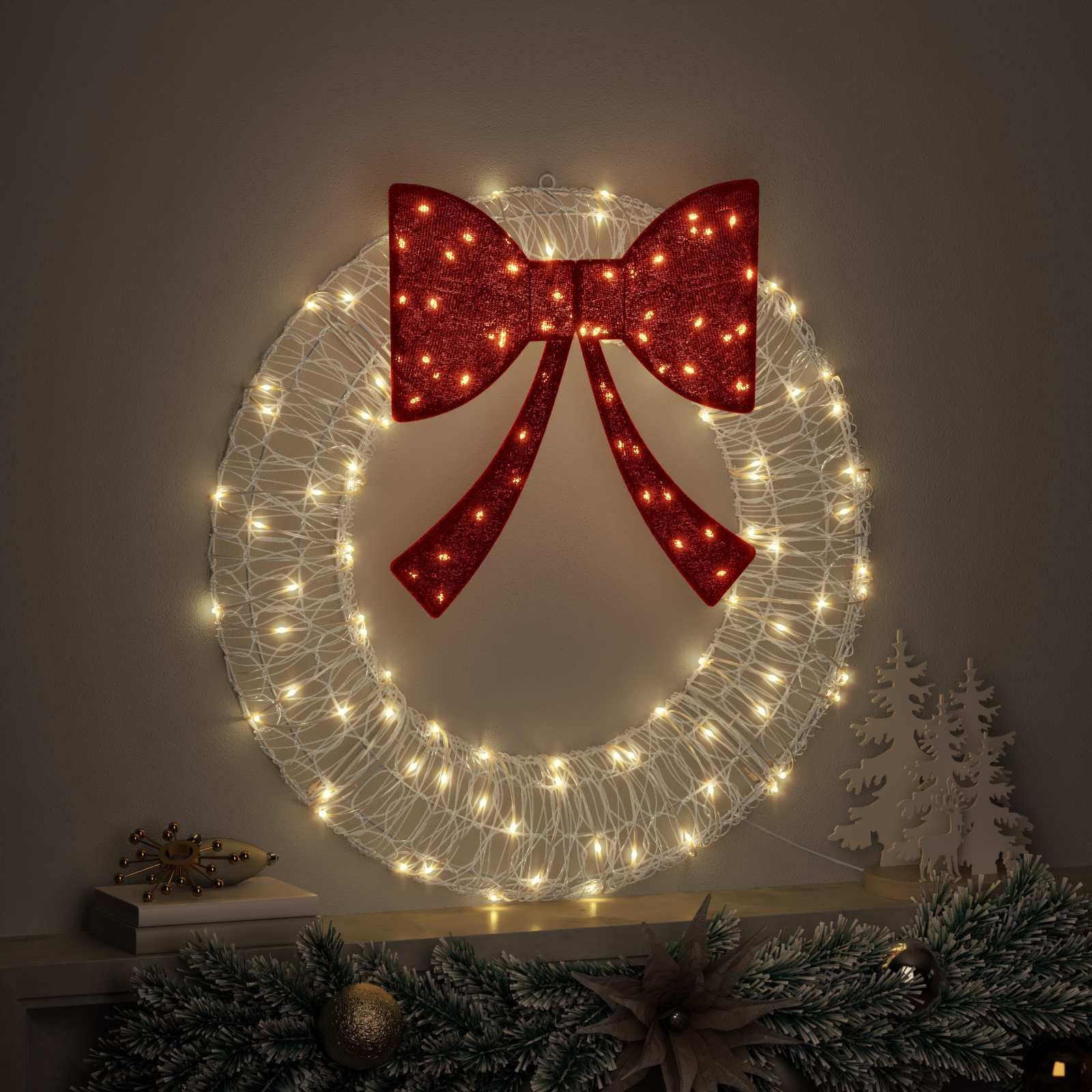 Couronne avec 60 LED blanc chaud en acrylique - 76 x 76 cm - Design moderne - Décoration de Noël avec nœud - Pour intérieur et extérieur festif