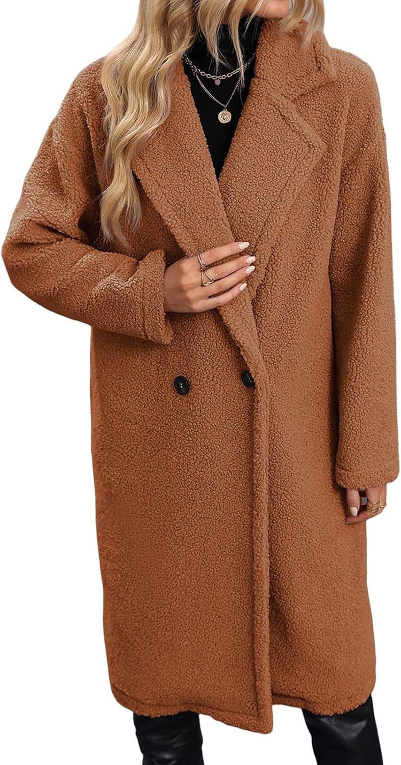 Womens Fuzzy Fleece Jacket Sherpa Trench Coat Trendy Double Lapel Open Front Long Button Down Faux Fur Cardigan