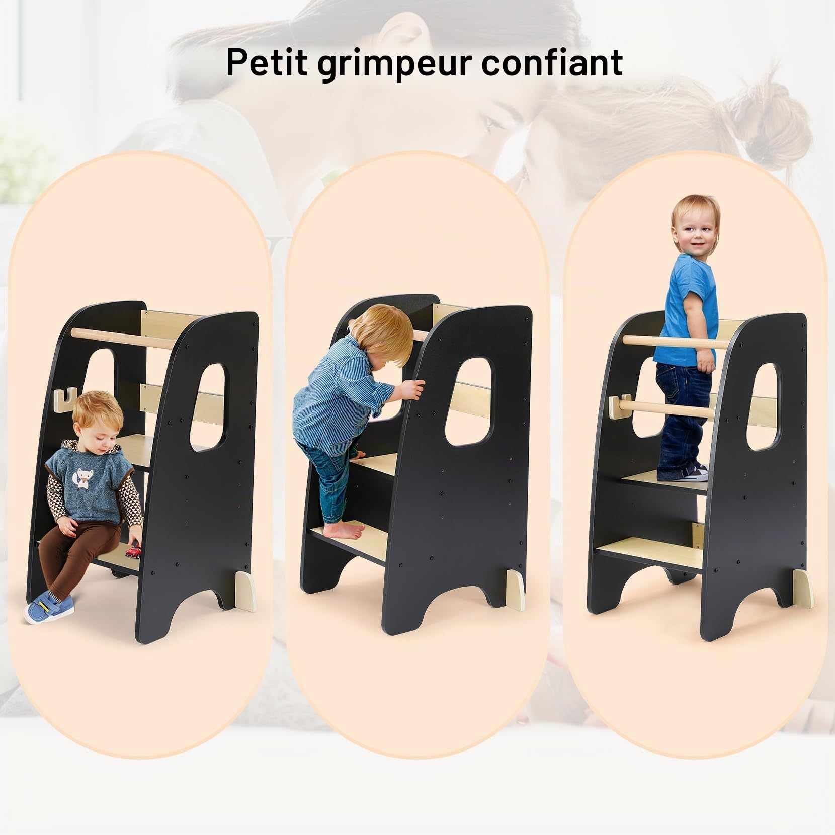 Ezebaby Tour d'apprentissage pour Enfants, Tour d'apprentissage 3 Hauteurs Réglables, Tour d'observation Enfant Montessori, Tour Eveil Bébé en Bois (Noir)