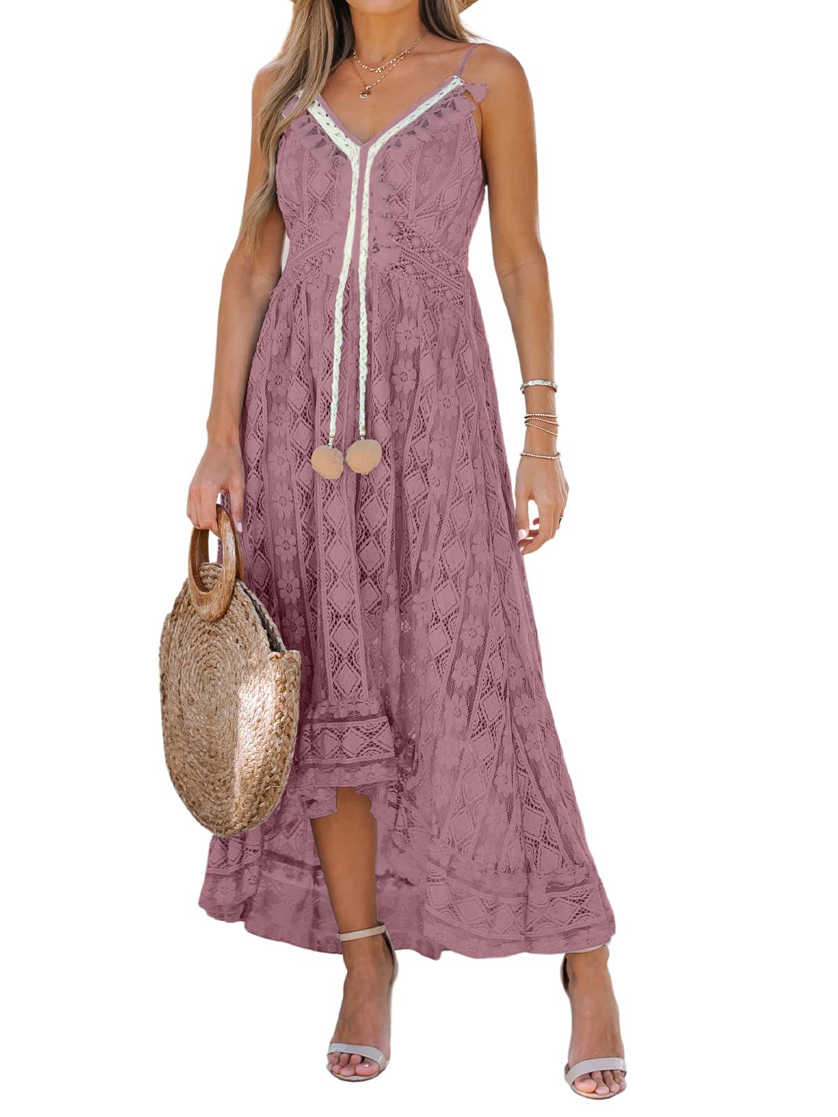 CUPSHE Sin mangas, cuello en V, vestido fruncido con borlas, vestido largo con volantes y fruncido con cordones para Mujer