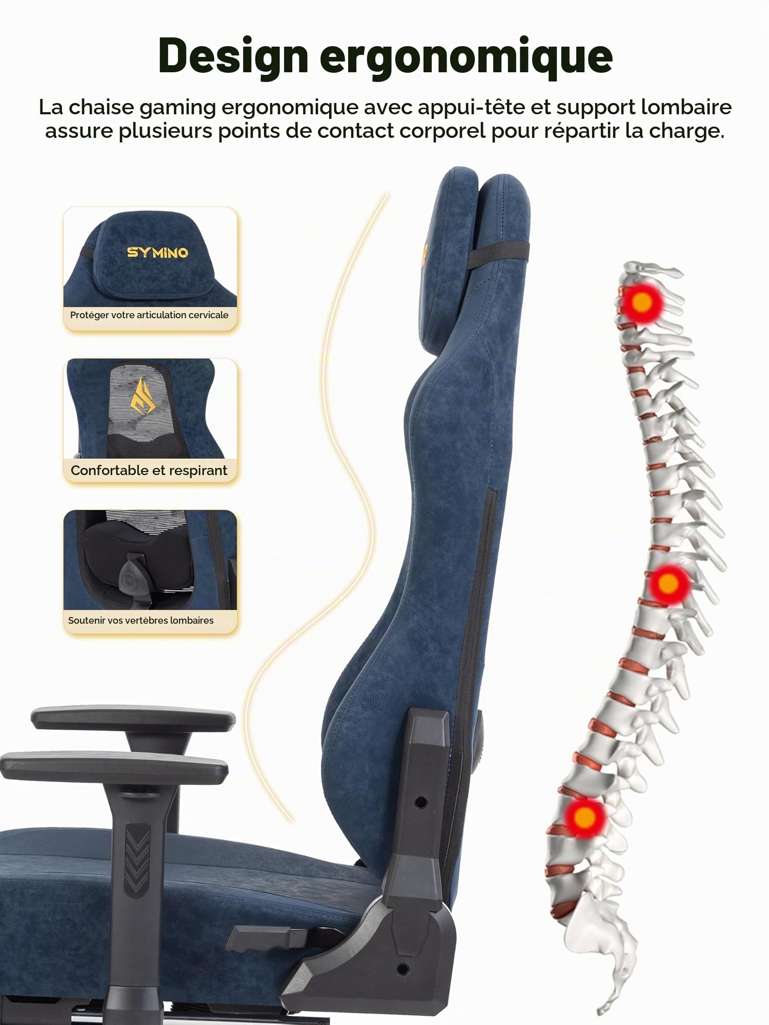 Symino Chaise de Gamer Ergonomique, Chaise Gaming avec Soutien Lombaire Repose-Pieds, Fauteuil de Bureau réglable et pivotant capacité de Charge 150 kg