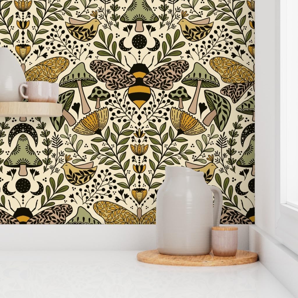 Peel & Stick Wallpaper Swatch - Nouveau Nature Green Yellow Butterfly Nature Forest Plants Art Nouveau Moth Bohemian Bee Botanical Custom Removable Wallpaper by Spoonflower