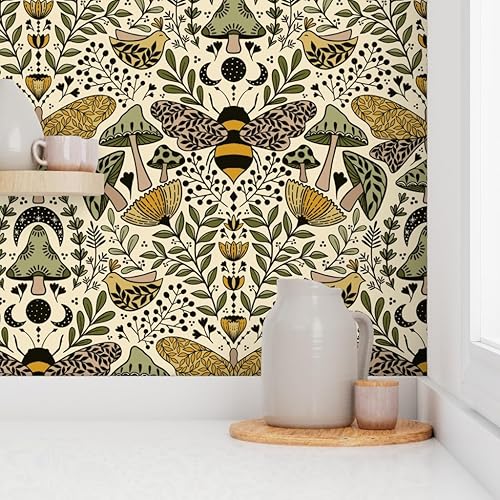 Miniatura 8 de Muestras de papel tapiz autoadhesivo - Nouveau Naturaleza Verde Amarillo Mariposa Naturaleza Bosque Plantas Art Nouveau Polilla Bohemia Abeja