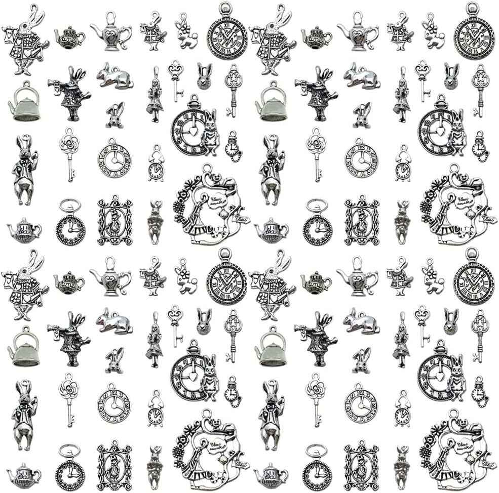 Youdiyla 44pcs Alloy Antique Silvery Easter Thanksgiving Series Alice Set Pendant Jewelry Making DIY Keychain Earrings Pendant Various Design Charms for Jewelry Making Bracelets Necklace (M77)