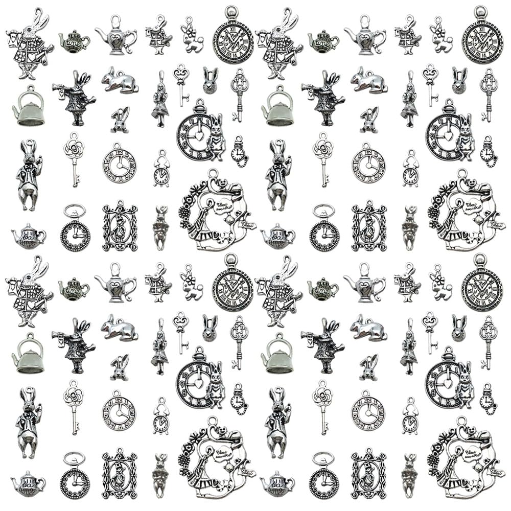 Youdiyla 44pcs Alloy Antique Silvery Easter Thanksgiving Series Alice Set Pendant Jewelry Making DIY Keychain Earrings Pendant Various Design Charms for Jewelry Making Bracelets Necklace (M77)