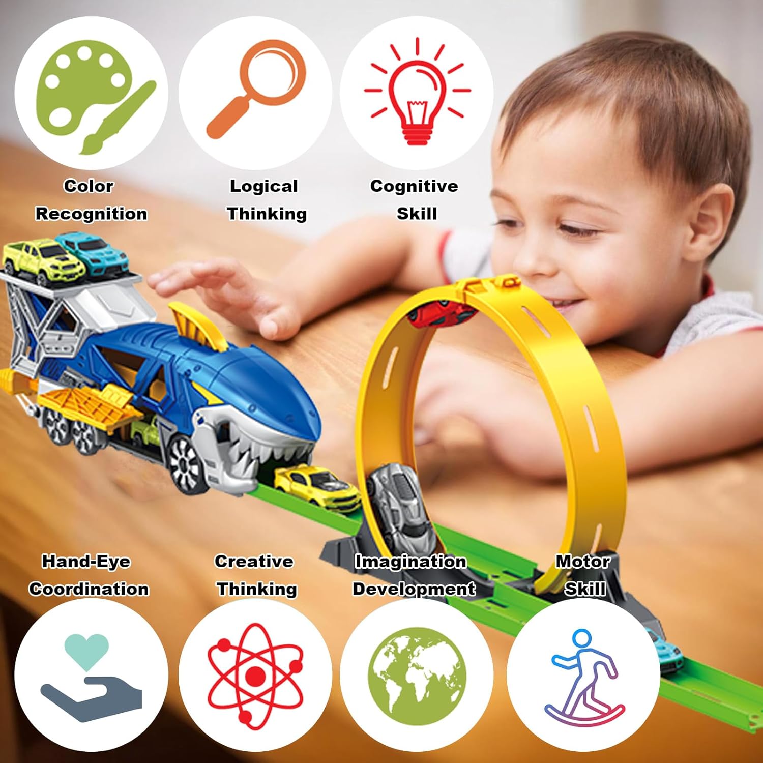 Shark Racing Car Playset with Carrier Truck, Loop Track & Launcher – 6 x 1:64 Scale Race Vehicles, STEM Toys for Kids 3-12, Quick Assemble, Durable ABS Plastic (ASTM Certified)