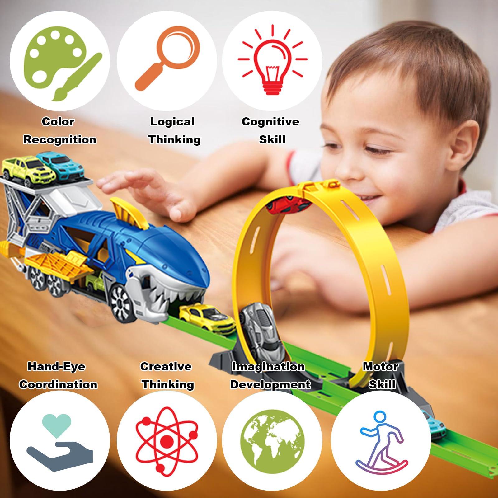 Frontoytall Shark Racing Car Playset with Carrier Truck, Loop Track & Launcher – 6 x 1:64 Scale Race Vehicles, STEM Toys for Kids 3-12, Quick Assemble, Durable ABS Plastic (ASTM Certified)