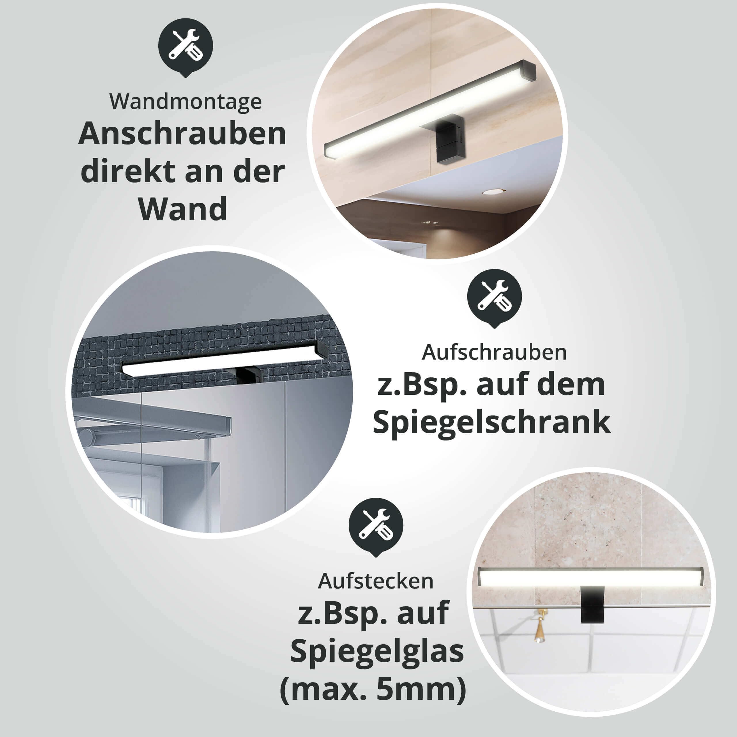 LED Universum - moderne LED Spiegelleuchte Monica 2-er Set 40cm schwarz eckig 7,4W 900lm 4000K IP44 für Badezimmer, Spiegel oder als Bilderleuchte, Steck- Klemm- Wandmontage