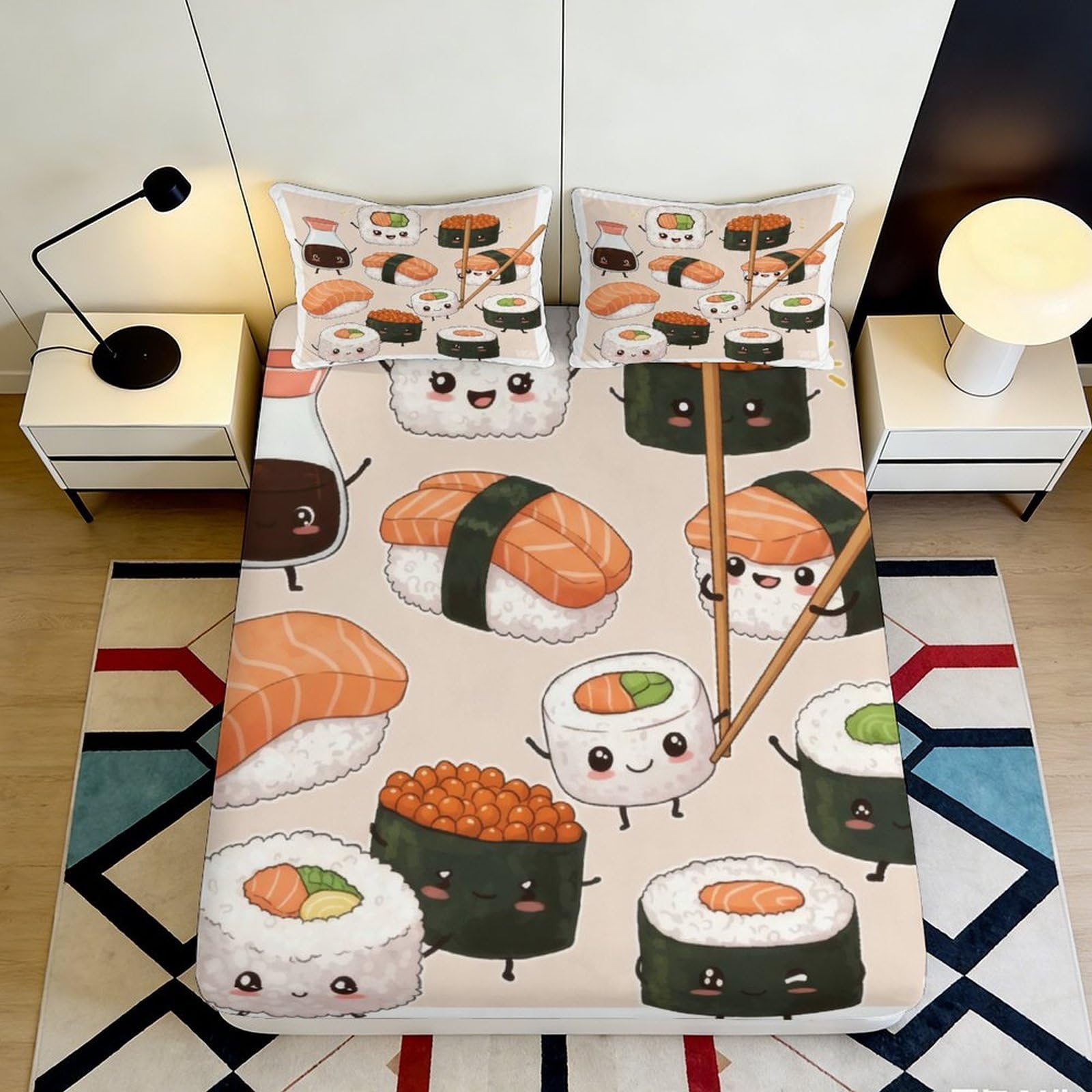 3D Printed Cute Sushi Cartoon Fitted Sheet Microfiber Soft Anti-Slip Kawaii Japanese Food Bed Cover for Bedroom Dorm 90x200x25cm