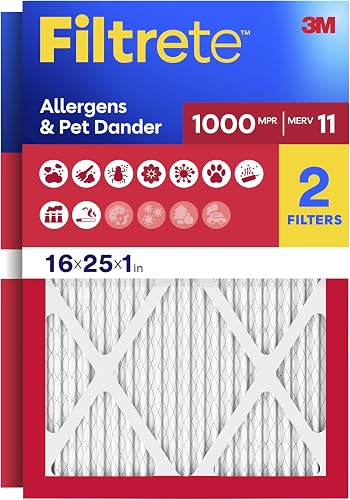 Filtrete 16x25x1 Air Filter, MERV 11, MPR 1000, Allergens & Pet Dander, 3-Month AC and Furnace Filters, Cleaner Air, Reliable Airflow, 2 HVAC Filters (Actual Size 15.68 x 24.68 x 0.81 in)