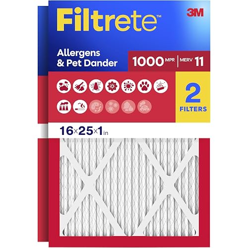 Filtrete 16x25x1 Air Filter, MERV 11, MPR 1000, Allergens & Pet Dander, 3-Month AC and Furnace Filters, Cleaner Air, Reliable Airflow, 2 HVAC Filters (Actual Size 15.68 x 24.68 x 0.81 in)