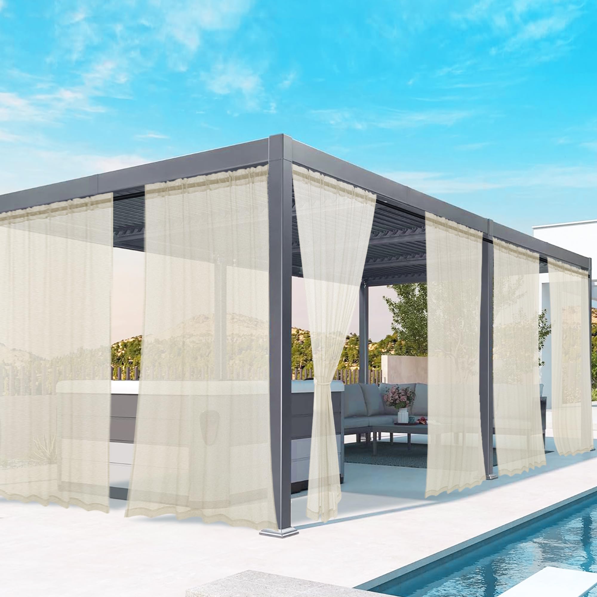 youleyar Outdoor Sheer Curtains for Patio Waterproof - 6 Panels Linen Look Rod Pocket Curtain Light Filtering Outside Drapes for Living Room, Pergola, Cabana, Gazebo, 52" W x 120" L, Ivory