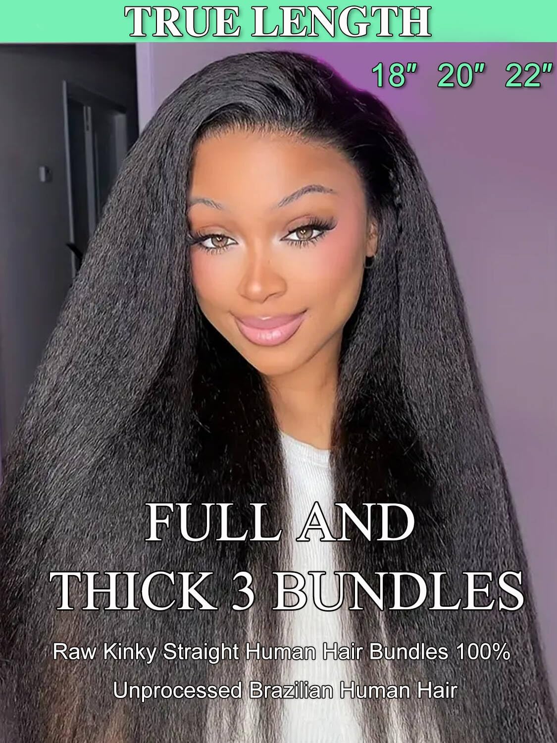 3 Bundles Human Hair Raw Kinky Straight Human Hair Bundles,100% Unprocessed Full Head Brazilian Virgin Hair 16A Premium Bundles 16 18 20 Inch Natural Color, No Shedding, No Smell, No Tangle