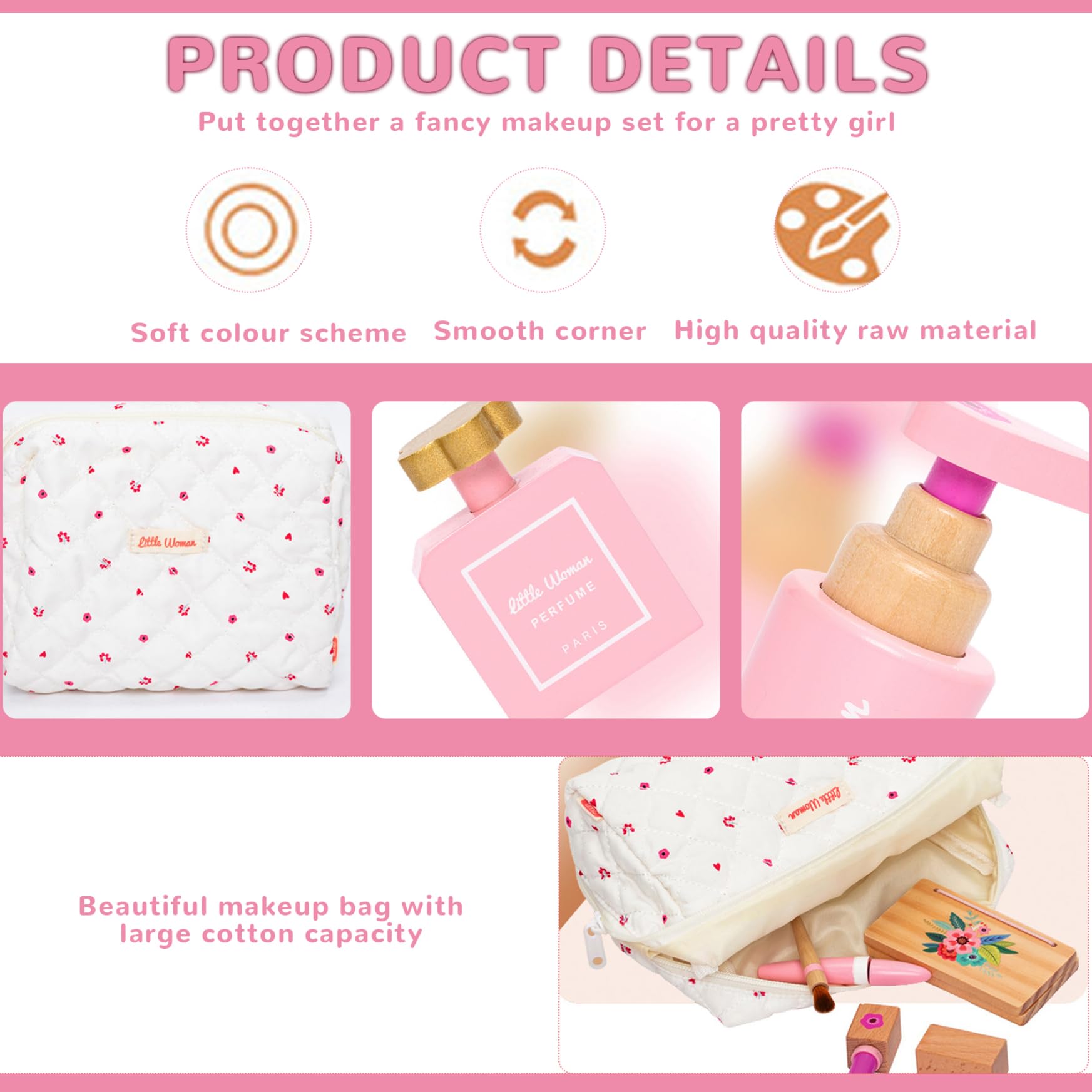 Juego de Juguetes de Maquillaje de Madera, Maquillaje Completo, Interactivo imaginativo, Juguete de Lindo Educativo temprano con Bolsa de algodón, para niñas..