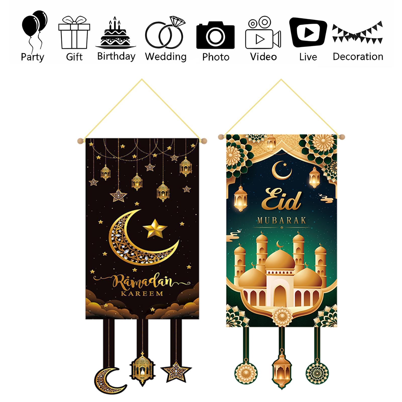 2PCS Eid Decorations Big Banner Background Golden Lantern - Image 3