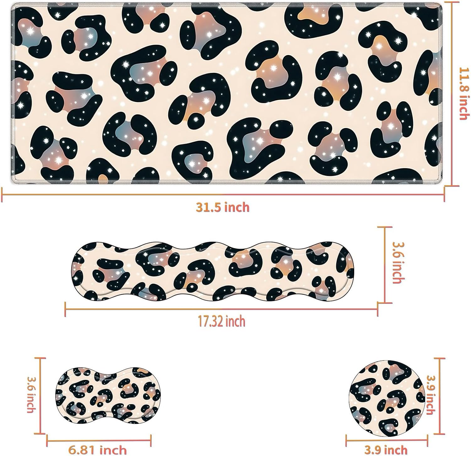 Desk Mat Large Gaming Mouse pad Set 31.5x11.8 inch [4in1Mousepad + Keyboard Wrist Rest+Mouse Wrist Rest+Coaster ] with Ergonomic Desk Pad for Home Office Table Computer - Leopard Print Pattern