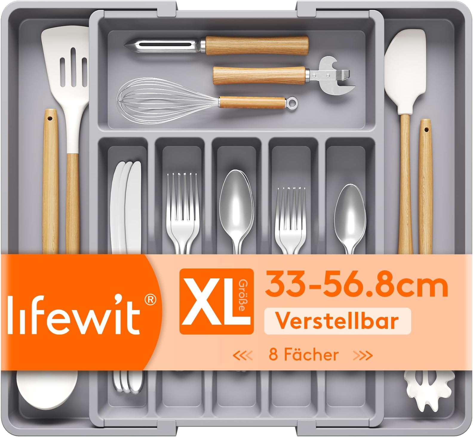 Lifewit Silverware Drawer Organizer, Expandable Utensil Tray for Kitchen, BPA Free Flatware and Cutlery Holder, Adjustable Plastic Storage for Spoons Forks Knives, 33 -57 x 42cm, Gray