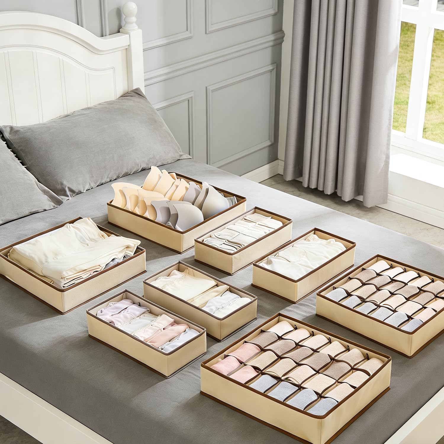 Evance 6pcs Organizer per Biancheria Intima, 6/7/8/24 Compartimenti, 58 Compartimenti In Totale, Organizzatore per Cassetti Armadio per Reggiseni,Mutande,Calzini,Cintura,Cravatta