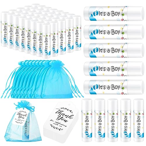 Loopeer 50 juegos de bálsamo labial para baby shower, bolsas de regalo de organza, etiquetas para tarjetas de agradecimiento para revelación de
