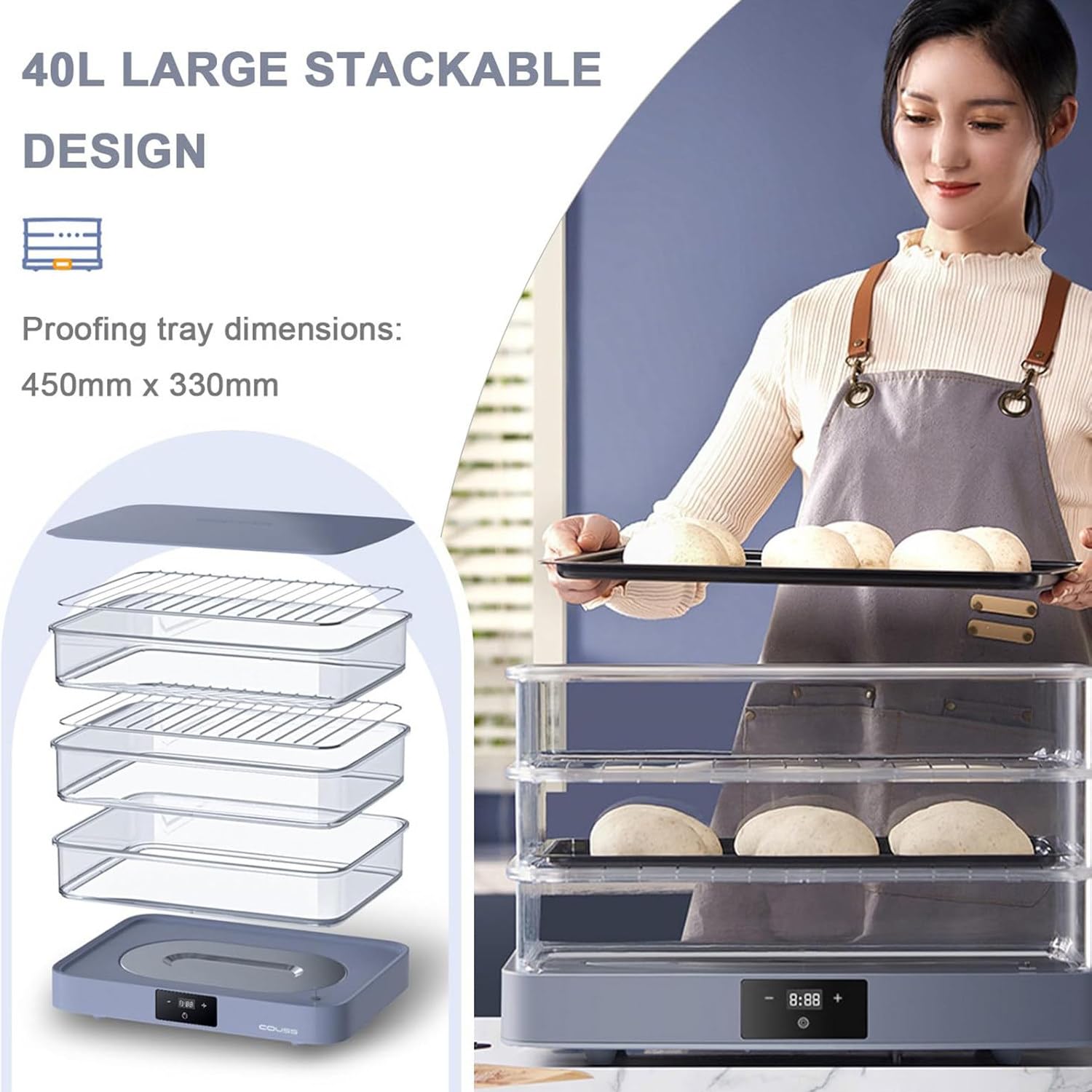 Fermentadora eléctrica 40L con Bandeja extraíble, Caja de fermentación Regulable 20-45 °C, Garantiza fermentación Uniforme para Pan casero Profesional