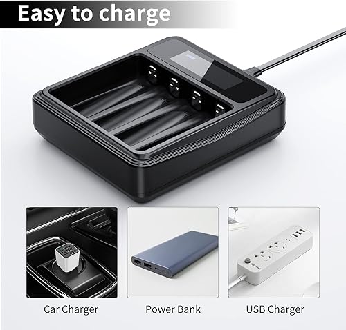 Miniatura 5 de Doublepow Baterías de litio AAA con cargador de batería LCD, baterías AAA de litio con cargador de batería individual de 4 ranuras, batería AAA