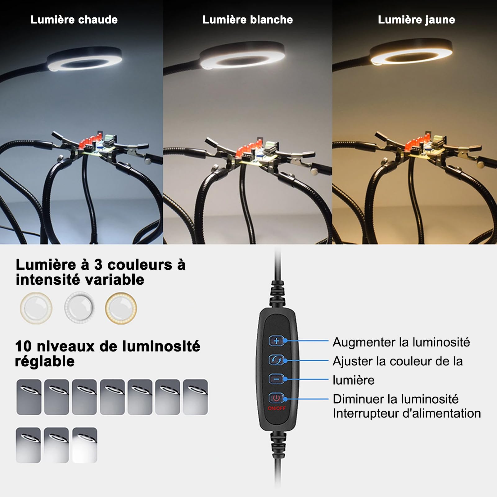 Geevorks Troisième Main Soudure, Troisième 3eme Main avec 6 Bras Flexibles Réglables, Loupe 3X LED pour Réparation Électronique, Modélisme et Loisirs Créatifs