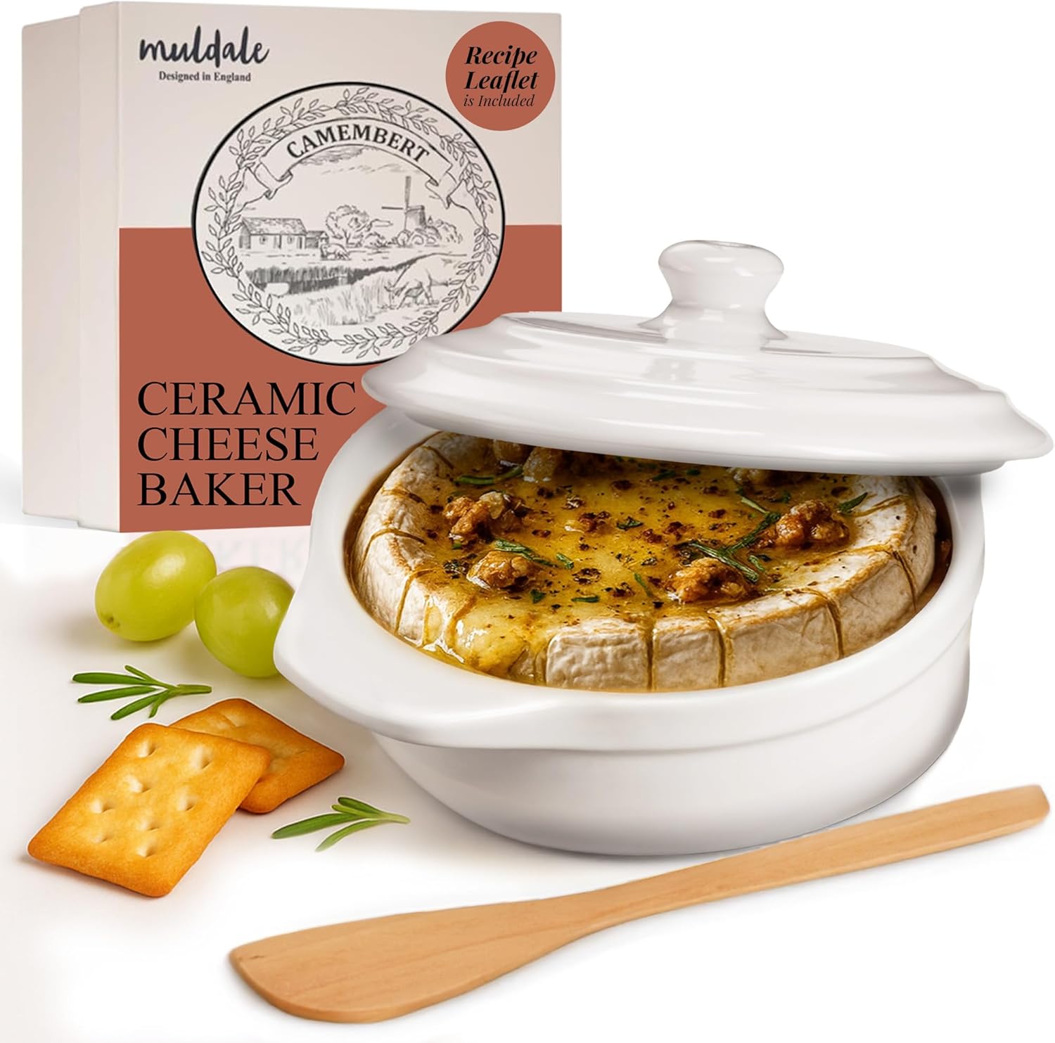 Muldale Brie Baker with Lid and Spreader - Camembert Baker Crock in Red - Free from Lead Ceramic Baking Dish - 5.5” - Fits Standard Camembert Wheel