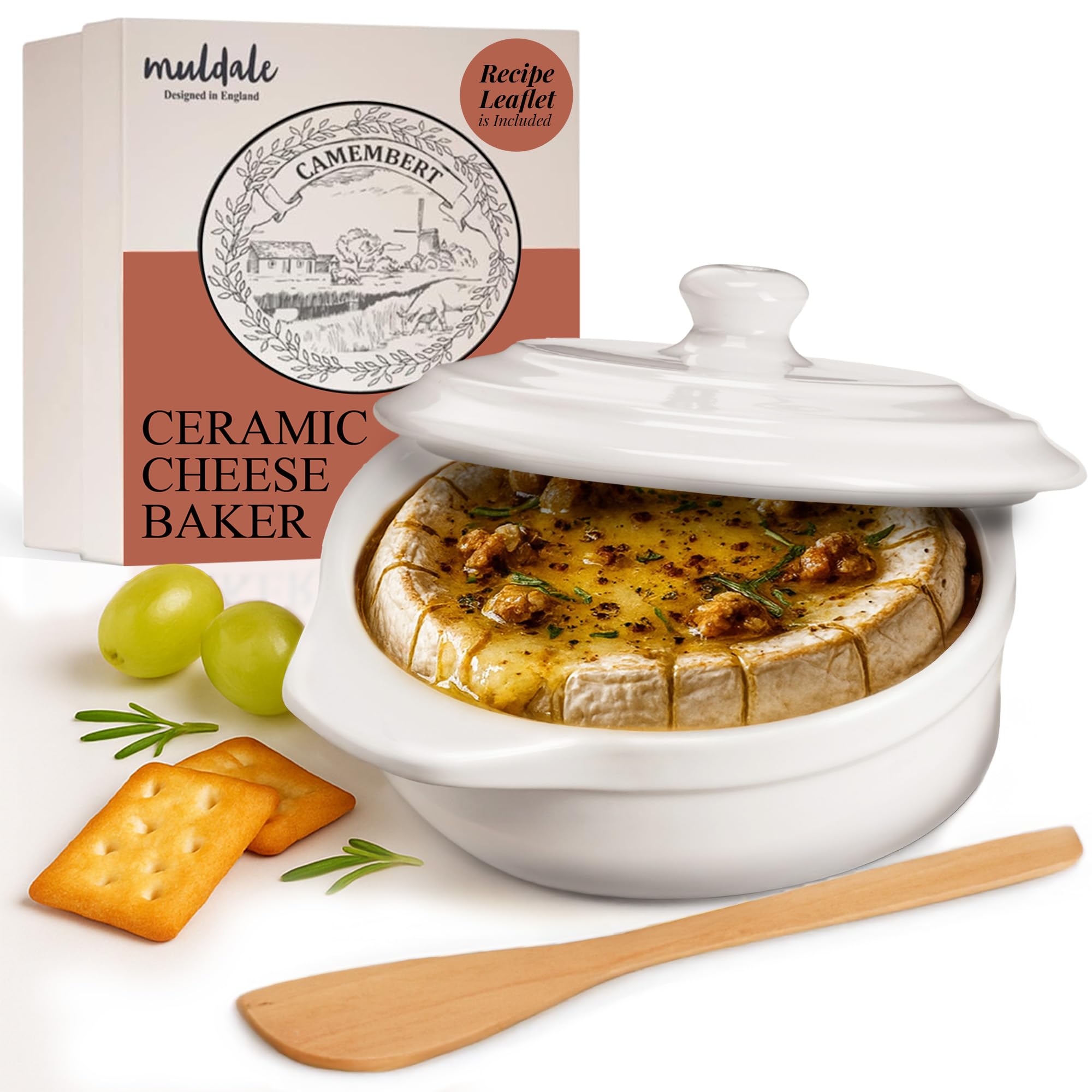 Muldale Camembert - Plato para hornear con tapa, juego de regalo, panadero de queso Camembert en color blanco, plato para hornear Brie, panadero de cerámica Camembert Baker - 14 cm - Con esparcidor y