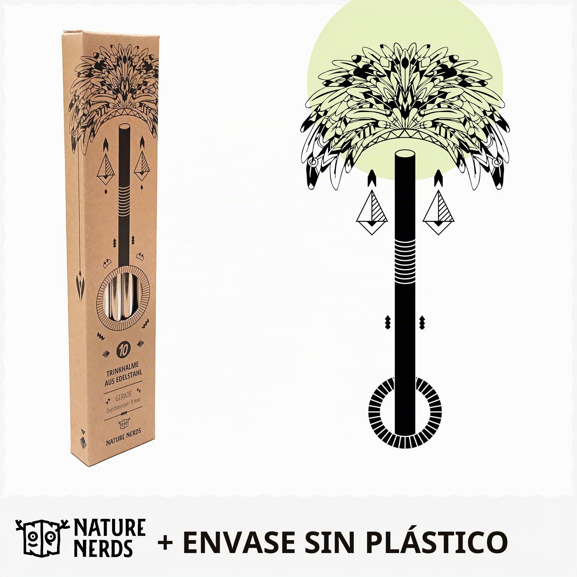 Nature Nerds - pajillas para beber reutilizables de acero inoxidable (10 piezas + cepillo de limpieza) popotes, tubos para beber - empaquetado sin plástico - (recto)