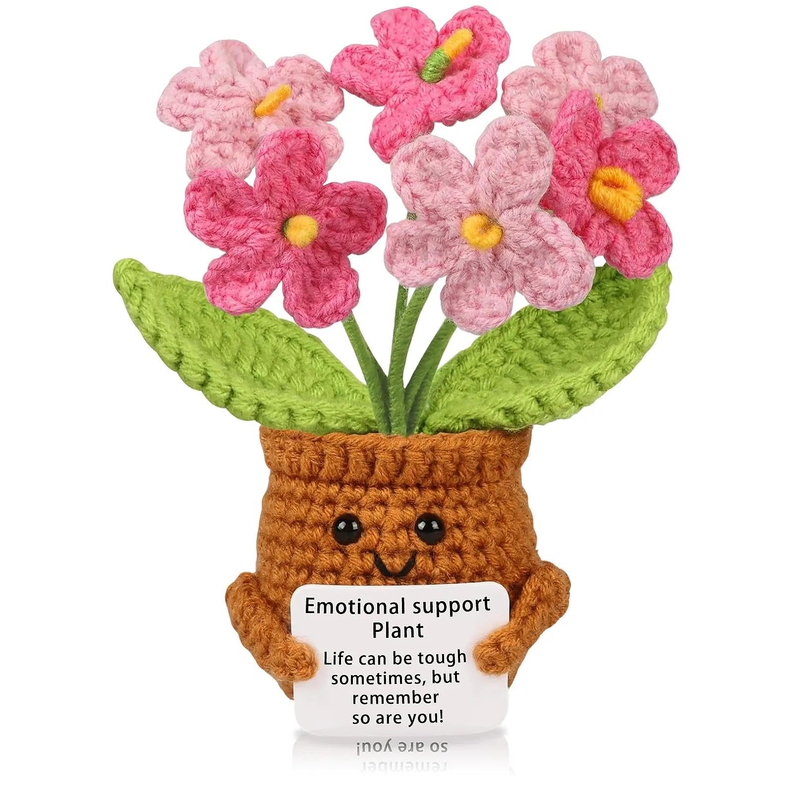DOJASOHILMI Forget Me Not Gifts Handmade Crochet Flowers Portable Emotional Support Gift Pretty Crochet Flower Small Potted Home Office Decoration