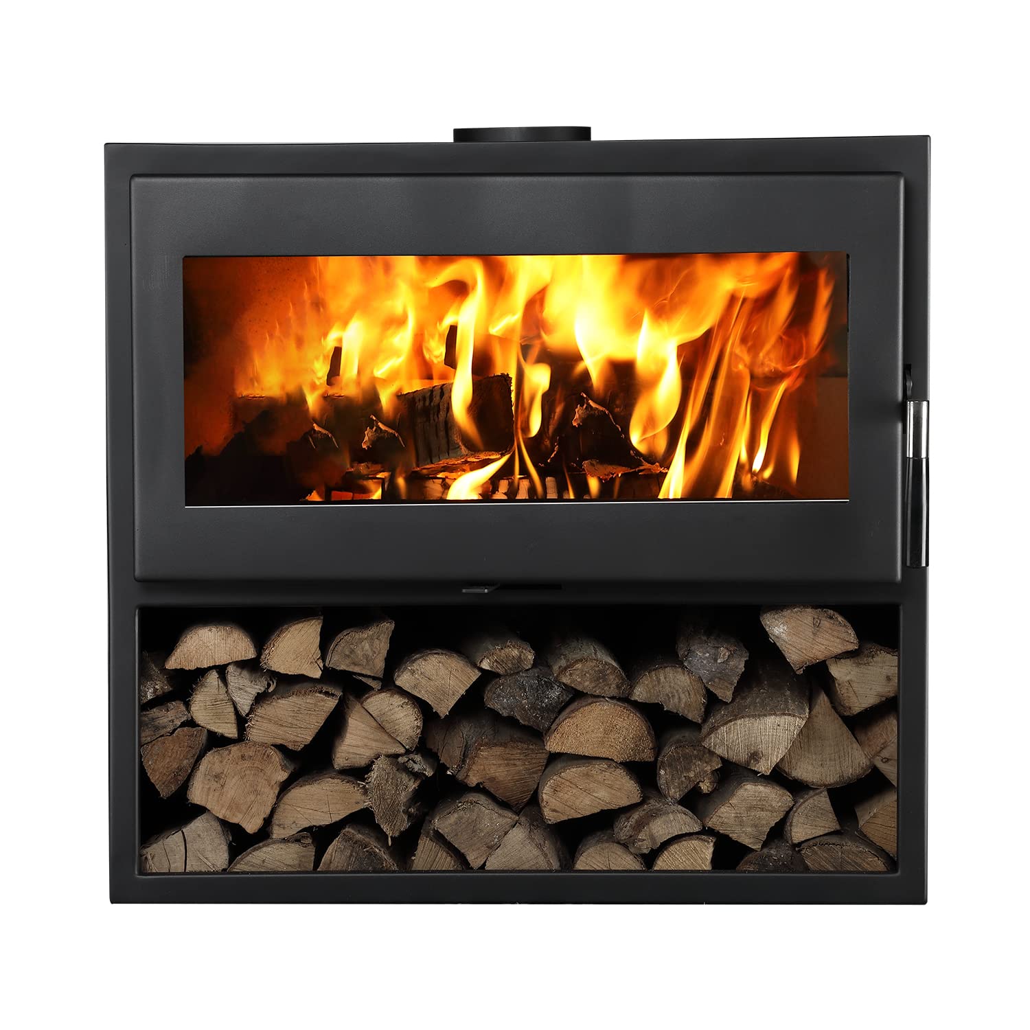 Supra LARRY BÛCHER - Stufa a legna, sistema vetro pulito, doppia combustione, design, sicura fino a 150m2, 15x37x70, nero e color acciaio