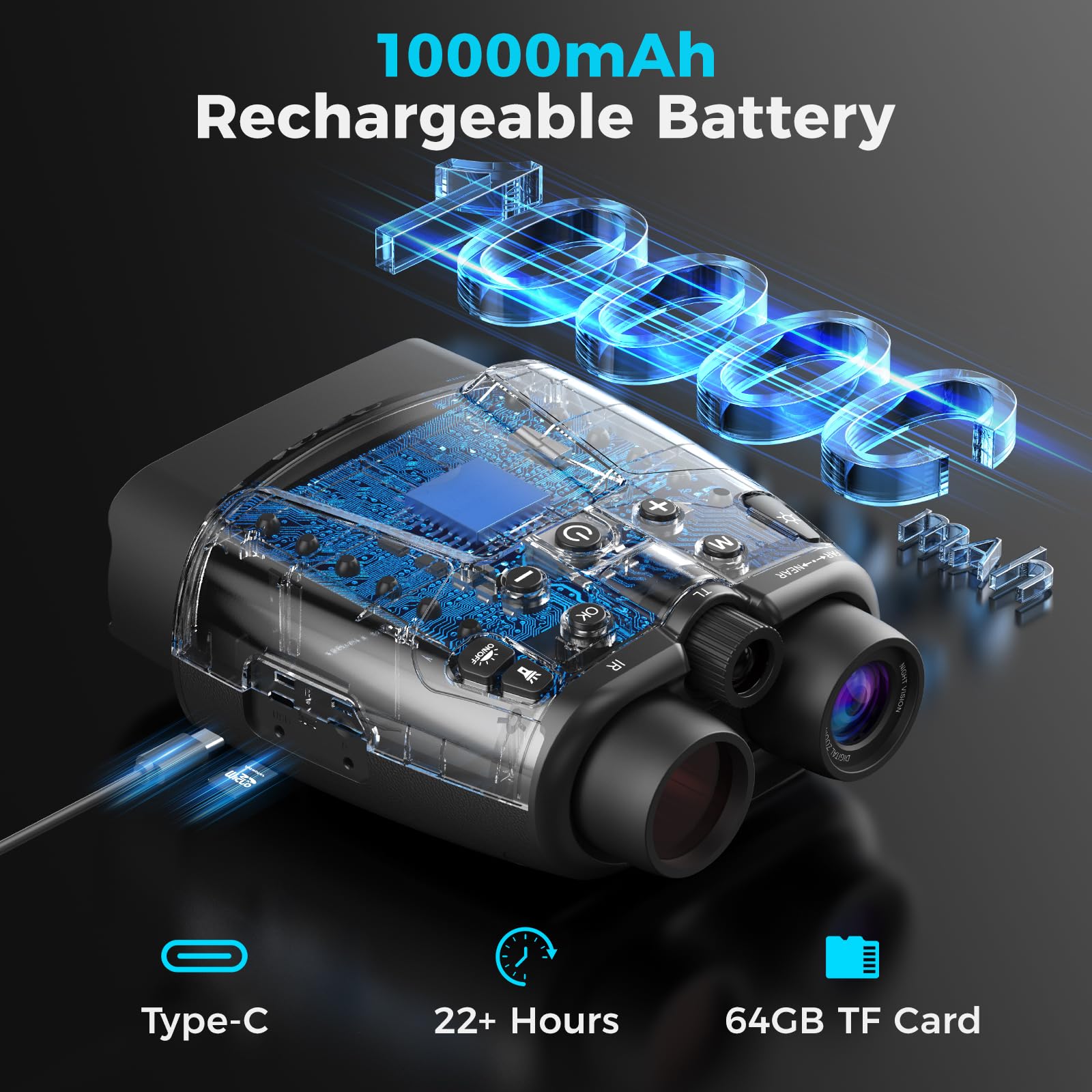 Gafas de visión nocturna para adultos, pantalla HD de 3.97 pulgadas y 10000 mAh recargables, prismáticos de visión nocturna 4K con tarjeta de 64 GB para observación de vida silvestre, camping