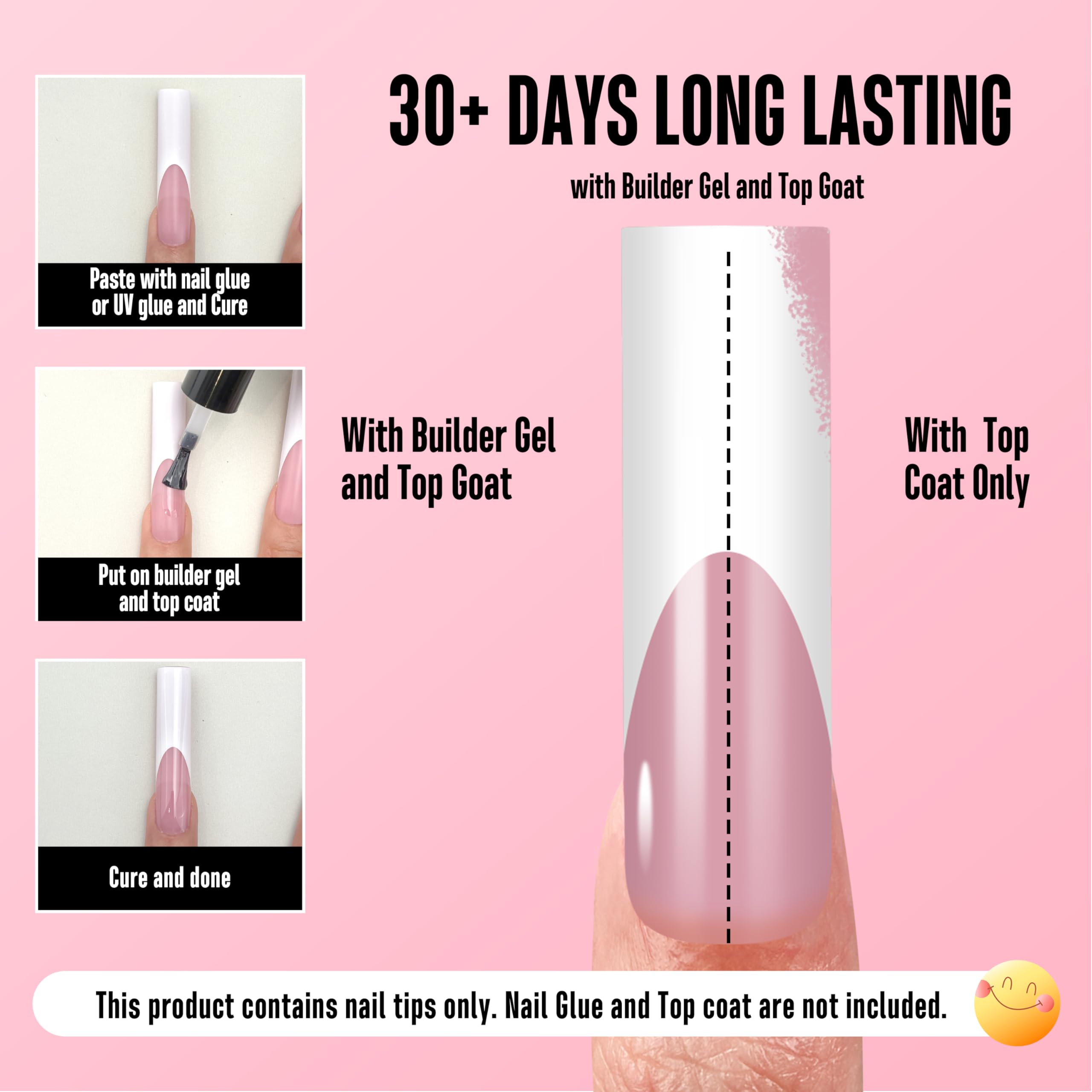 NOVO OVO Press on Nails XXL Square - 150 szt. miękkich żelowych tipsów do paznokci, wstępnie pokolorowane jagody różowe i białe francuskie, bardzo długie, 46 mm, prosty kształt, sztuczne paznokcie