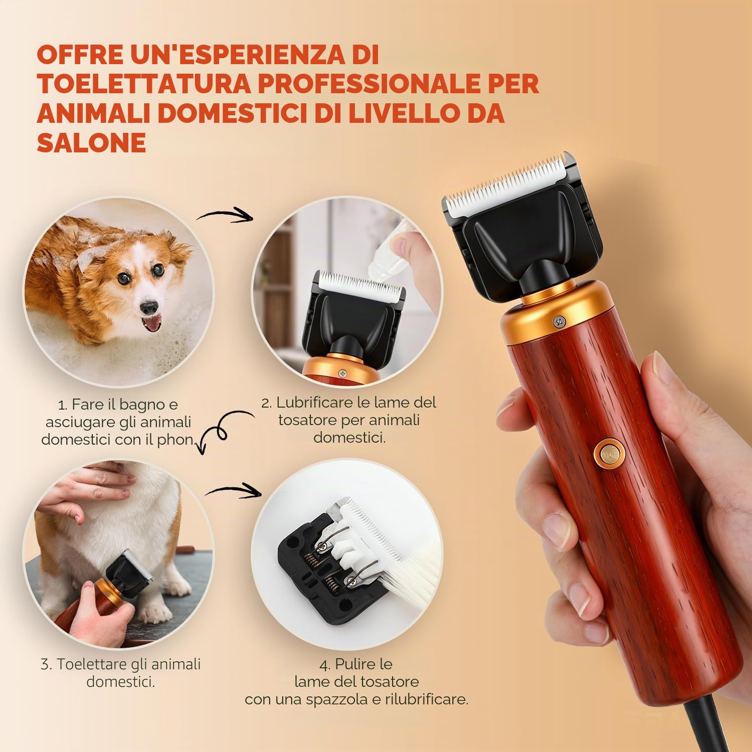 CGOLDENWALL Tosatrice per Cani Professionale 55W, Rumorosità 50DB, Manico in Legno e Cavo di Alimentazione 3m, per Animali di Tutti i Tipi di Pelo, Con 2 Pettini di Fissaggio (3/6 mm, 9/12 mm)