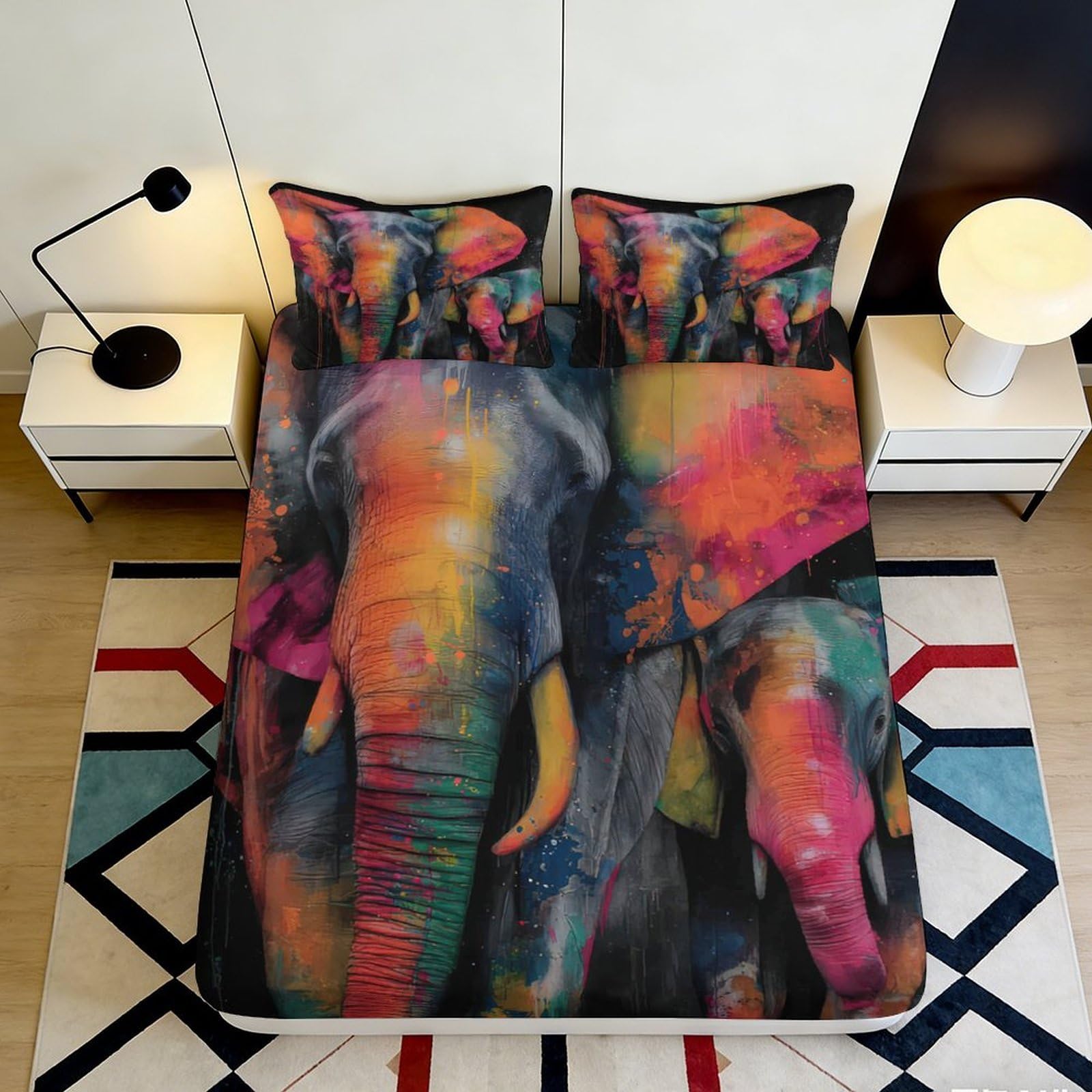 3D Printed Colorful Elephant Fitted Sheet Microfiber Soft Breathable Abstract Elephant Bed Cover for Bedroom Dorm Mattress Protection Decor 140x200x25cm