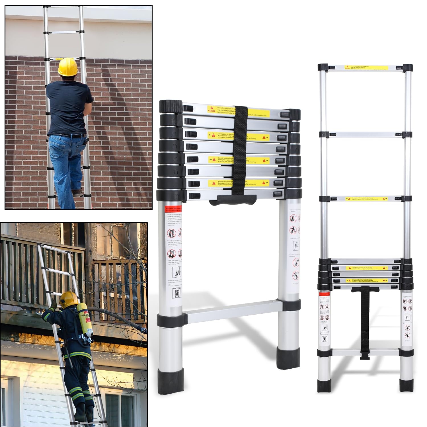 Aluminiowa drabina teleskopowa, 2,6 m, wysuwana drabina, drabina stojąca, antypoślizgowa, wysuwana drabina uniwersalna, drabina do gospodarstwa domowego, nośność 150 kg