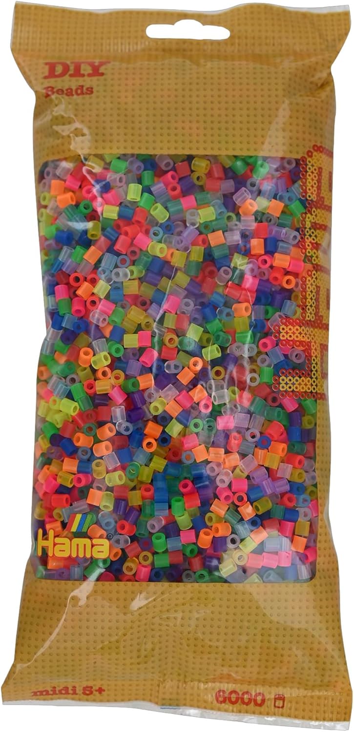 Hama Perlen 205-80 Ironing Beads Bag with Approx. 6,000 Colourful Midi Craft Beads with Diameter 5 mm in Neon Transparent Mix, Creative Craft Fun for Young and Old