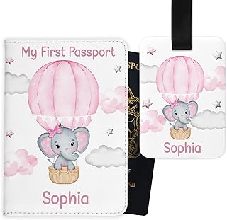 Chicken Craft Personalised Baby Passport Cover & Luggage Tag Set – Custom “My First Passport” Travel Gift for Toddlers – Elephant Design for Boys or Girls (Pink)