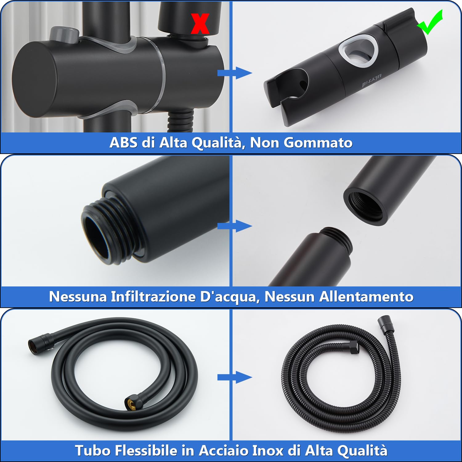 Asta Doccia,70 cm Nero Set Colonne Doccia Senza Miscelatore, Set Colonna Doccia con Flessibile e Supporto, Doccetta 3 Modalità di Getto, Saliscendi Doccia con Distanza di Montaggio Regolabile