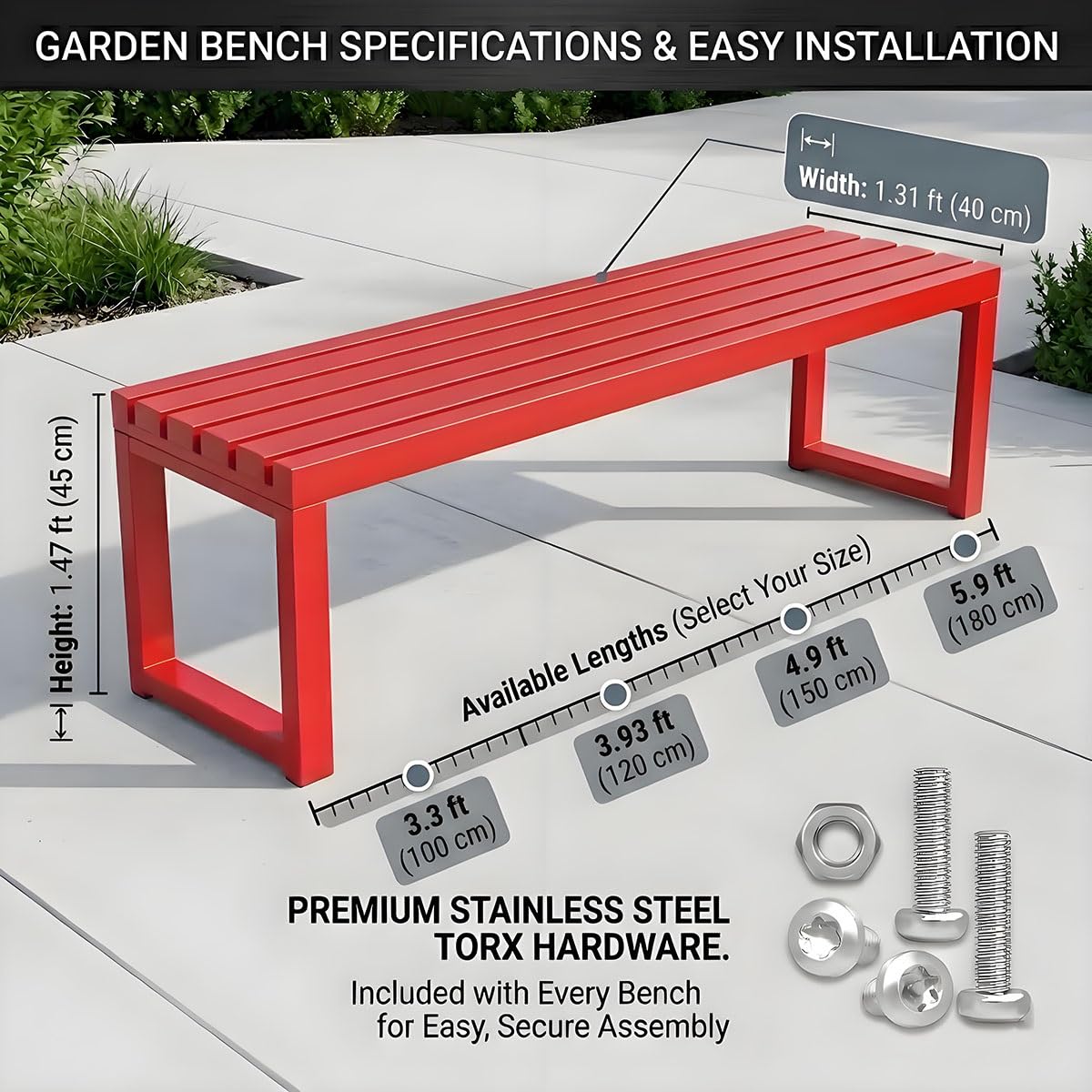 Banco de Exterior Diseño Moderno Banco de Jardín de Metal Resistente a la Intemperie sin Respaldo Mueble de Jardín para Porche Entrada y Paseo Estable 100/120/145/180 cm DIY