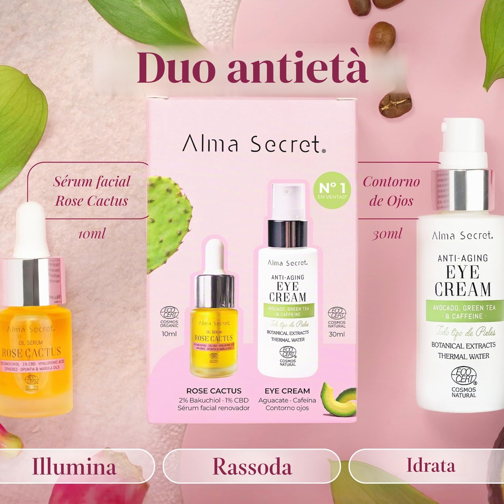 ALMA SECRET Ecocert Cosmos Natural, Duo anti-età: confezione per contorno occhi di avocado, tè verde e caffeina da 30 ml + siero viso Rose Cactus da 10 ml, crema per gli occhi e siero idratante