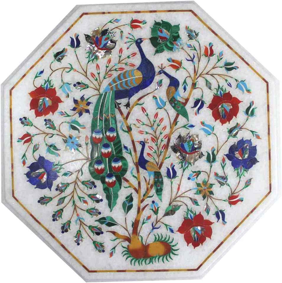 crafts look Peacock Design Marble Inlay Work Table Top Patio Garden Decor