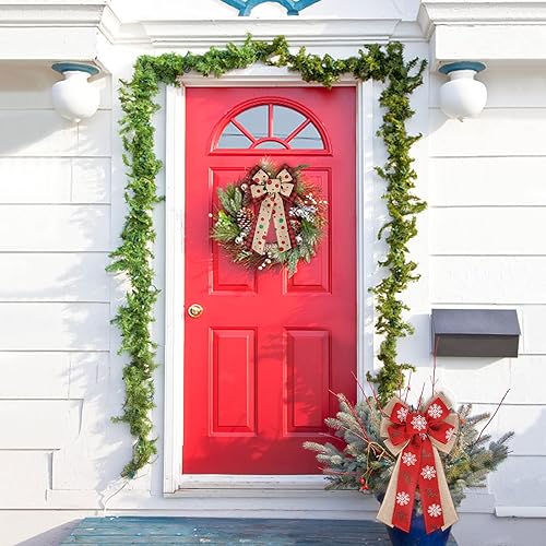 Miniatura 4 de Lucleag 4 lazos de corona de Navidad, 7.9 x 13.0 pulgadas, lazo de Navidad de lino con copos de nieve a cuadros grandes para decoración de Navidad,